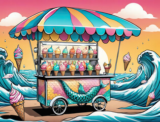 Wall Mural - Photorealistic Pop Art Illustration - Ice Cream Cart, Underwater Mermaids, and Paper Art with Retro Color Palette Gen AI