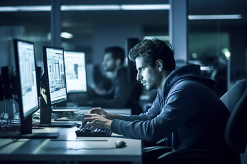 a dimly lit room with multiple individuals working at computer stations, focusing on screens displaying complex data, ai generative