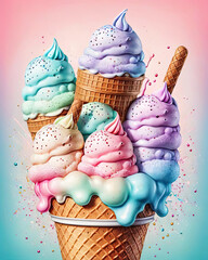 Wall Mural - Photorealistic Pop Art Illustration of Ice Cream Cup with Subtle Textures and Bold Colorful Pointillism Gen AI