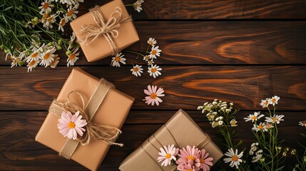 Wall Mural - wrapped gifts with flowers on a wooden background