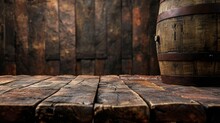 Worn Wooden Wine Barrel Background. Old Wooden Barrel Table In Soft Ambient Light. Weathered Barrel Wood.