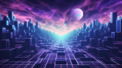 Poster - Vibrant retro wave geometric background - futuristic sci-fi art, virtual reality aesthetics. Neural network generated illustration, abstract concept.