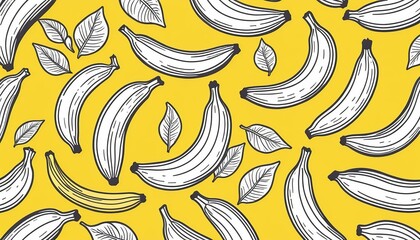 Wall Mural - Banana Doodle Pattern in White and Yellow Background