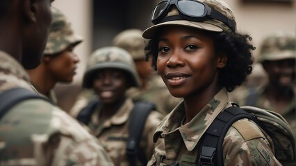 Wall Mural - Happy young black african female soldier in camouflage uniform returning home from duty in army deployment from Generative AI