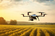 Agriculture drone flying over farmland. High technology innovations and smart farming