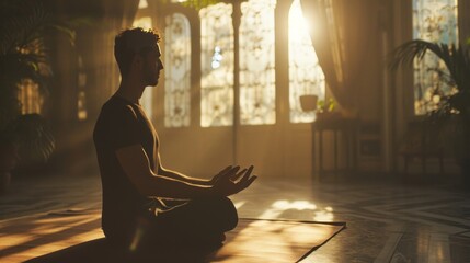 Wall Mural - Portrait of a man meditating indoors, concept of mindfulness and self care