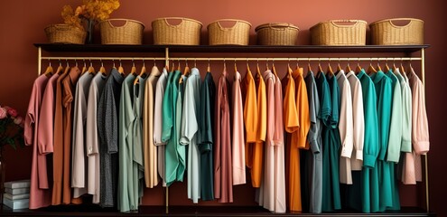 Wall Mural - Rows of colorful clothes hanging on the shelves. generative AI
