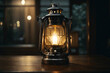 Ornamental Arabic lantern with burning candle glowing at night and glittering golden bokeh lights. Festive greeting card, invitation for Muslim holy month Ramadan Kareem. Dark background. Ai Generate