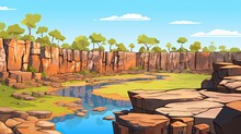 Cartoon Illustration Of Natural Landscape, Featuring A Calm Blue Pond Surrounded By Rocky Cliffs And Greenery.