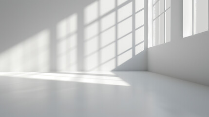  Abstract white studio background for product presentation. Empty room with shadows of window. Display product with blurred backdrop. Soft focus, Ai generated image