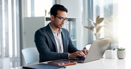 Fototapete - Data analysis, research and businessman with a tablet and laptop for accounting or economy growth. Office, Asian and financial worker with technology for email, planning or information on a website