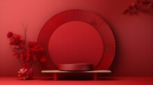 Chinese New Year, Red Podium Display Mockup On Red Abstract Background With Red Hand Paper Fan, Stage For Product Minimal Presentation, 3d Rendering.