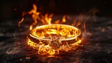 Fototapeta  - Trendy Ring Jewelry in fire flying on the black background. Horizontal Illustration. Elegant Accessories. Ai Generated Illustration with Fashionable Stylish Ring Jewelry.