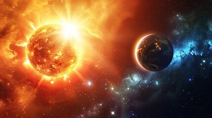 Wall Mural - sun and planet earth in space