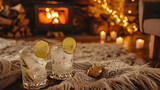 Fototapeta Tulipany - Cinematic photograph of two gin tonic sparkling cocktail with lime  at a wood log cabin living room in winter. Fireplace. Heart shaped balloons and confeti. Valentines. Love