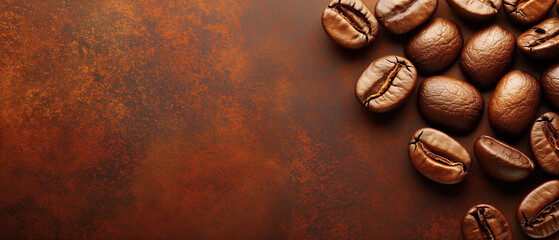 Coffee brown beans, copy space banner. Top view, close-up