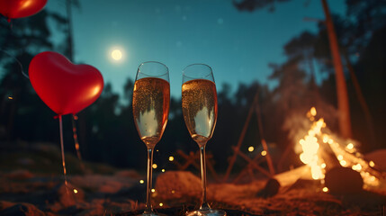 Cinematic photograph of two glasses of champagne by a firepit in a camp site. Moonlight. Stars.Heart shaped balloons and confeti. Valentines. Love