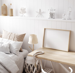 Mock up frame in cozy home interior background, coastal style bedroom, 3d render