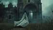 White female ghost silhouette. Beautiful scary horror scene. Mystery cloak outside old ancient gothic castle. Creepy woman shadow. Girl spirit walk outdoor. Mysterious person stroll at cemetery.
