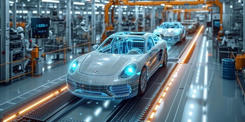 Aufkleber - Automotive Evolution: Electric Car on the Production Line in a State-of-the-Art Factory, Embodying the Pinnacle of Modern Engineering, Generative AI