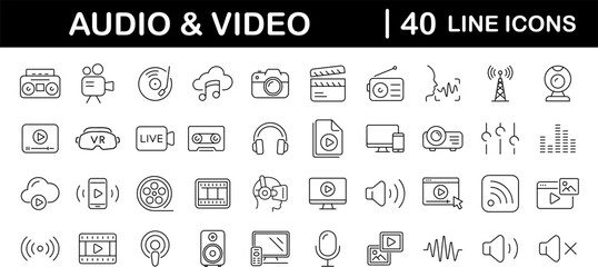 Aufkleber - Audio Video set of web icons in line style. Music and Video icons for web and mobile app. Podcast, video media player, radio, song. Vector illustration