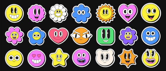 Poster - Cool Cartoon Smile Emoticon Character Stickers Collection. Set of Trendy Cute Funny Patches. Pop Art Elements.