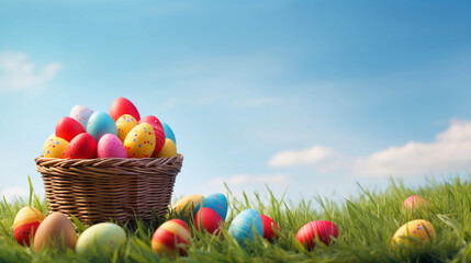 Wall Mural - Colorful Easter Eggs in Basket - Festive Decoration for Easter Event Celebration