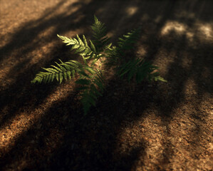 Wall Mural - Fern on forest ground covered in fallen leaves in dappled sunlight.