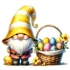 Wall Mural - An illustration of a gnome with its hat covering its face, with a basket full of colorful easter eggs, rendered in watercolor style.