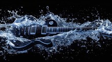 Traditional Electric Guitar Musical Instrument In Water Splashes On The Black Background. Horizontal Illustration. Melody And Rhythm. Ai Generated Illustration With Professional Electric Guitar.