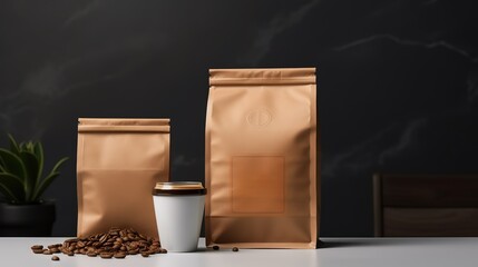 Wall Mural - Coffee packaging made of brown paper in the photo on the table. generative AI