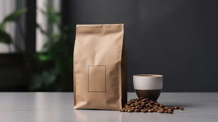 Wall Mural - A cup of coffee in the photo next to a package containing roasted coffee. generative AI