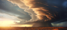 Sunset Over The Desert With Dramatic Storm Clouds
