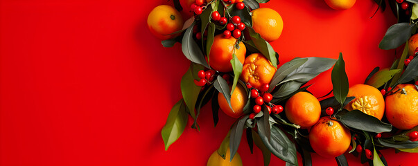 Wall Mural - Festive round wreath made of fresh small tangerines and green leaves on red background. Chinese traditional New Year decoration for design greeting card, invitation, banner 