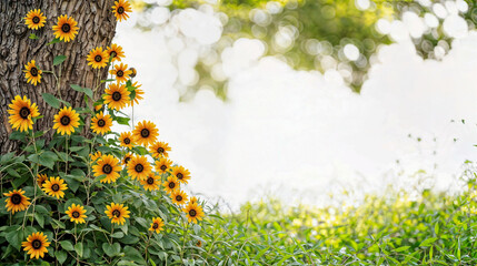 Wall Mural - big tree with sunflower and white background for place text and element