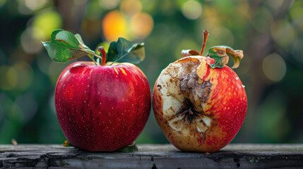 comparison of a good red apple with a bad rotten one, sunny bokeh