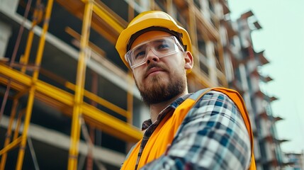 Wall Mural - Portrait of a male construction worker on a building project, generative AI