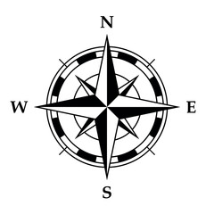 Wall Mural - Compass rose symbol, black and white vector illustration of four cardinal directions