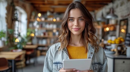 Canvas Print - Mockup image of a woman holding digital tablet with blank white desktop screen in cafe --ar 16:9 --stylize 750 --v 6 Job ID: 0c2d509a-5171-46da-82f5-fd7588d8e98d