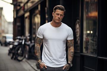 Wall Mural - Male with a tattoo walking along the street in a white tee shirt mockup.