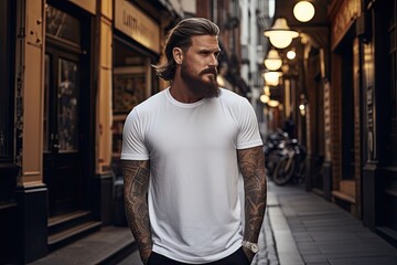 Male with a tattoo walking along the street in a white tee shirt mockup.