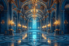 The Royal Palace's Inside Is A Realistic Fantasy Blue. Generative Ai.
