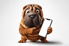 Surprised Shar-Pei Dog With Bulging Big Eyes Point On Smartphone With White Screen. Ai Generative