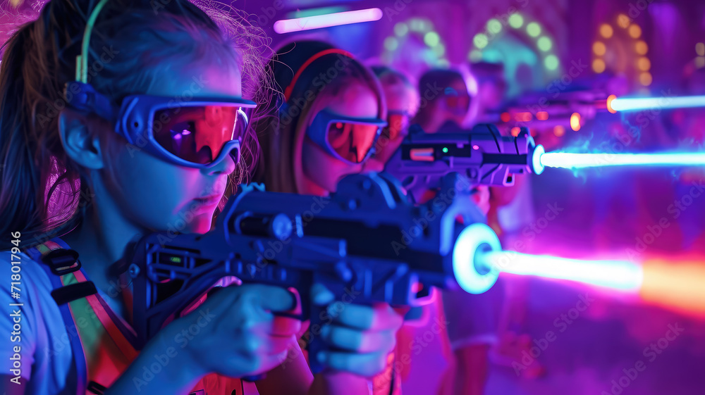 cheerful children playing laser tag, kids, shooting, laser gun, game, childhood, entertainment center, childhood, boy, girl, neon, sport, hobby, fun, party, birthday, people, portrait, weapon, war