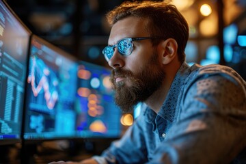 Man with glasses on a monitor at computer station
