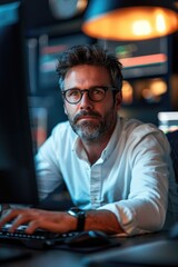 Professional Man with glasses and beard is working at computer laptop