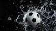 Professional Soccer ball Sports Equipment in water splashes on the black background. Horizontal Illustration. Sporting Gear Ai Generated Illustration with Active Game Soccer ball.