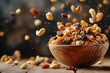 Combined nuts and raisins in a wooden bowl. Generative Ai.