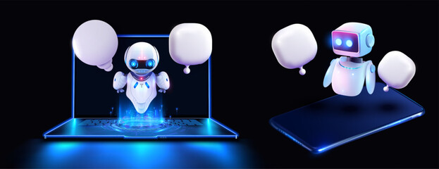 Leinwandbilder - Digital Communication Concept with Robots and Devices. Ai robot with speech bubbles on smartphone screen. Futuristic robots with speech bubbles emerging from laptop and phone.