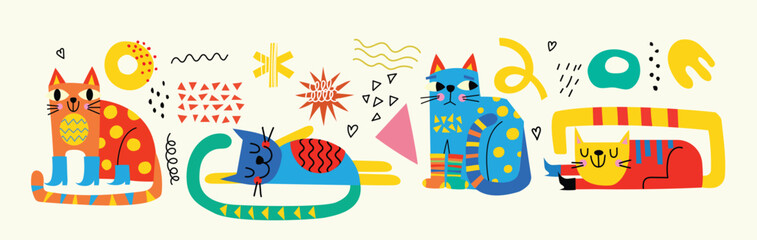 Decorative abstract illustrations with colorful doodle cute cats Hand-drawn modern illustration with abstract elements, geometric shapes, paper cut parts.
